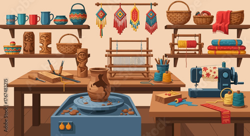 Artisan workshop showcasing pottery wheel sewing machine and crafting tools.