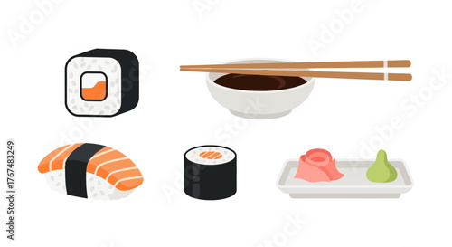 Assortment of Sushi with Soy Sauce and Condiments Illustration.