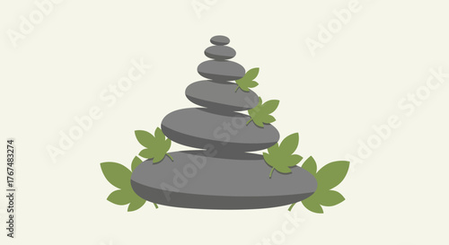 Balanced gray zen stones stacked with green leaves illustration.
