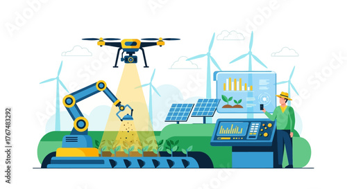 Automated agricultural technology with drone and robotic arm.