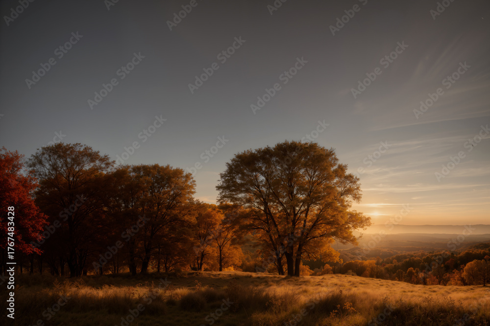 Fototapeta premium beautiful landscape of autumn forest at sunset, yellow trees and sunlight