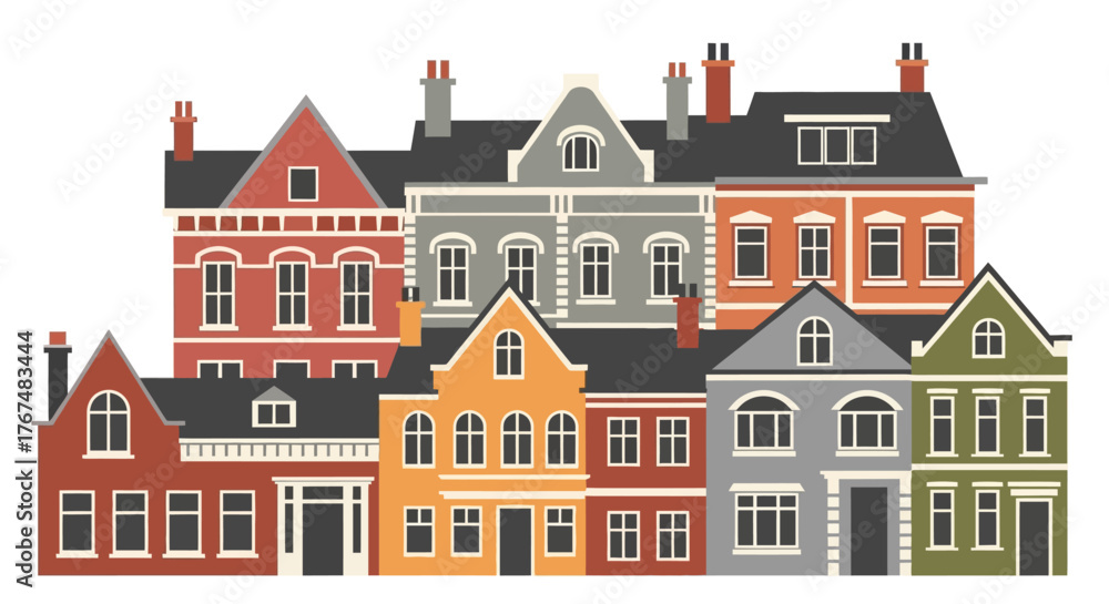 Fototapeta premium Charming European Townhouses and Residential Buildings Vector Illustration.