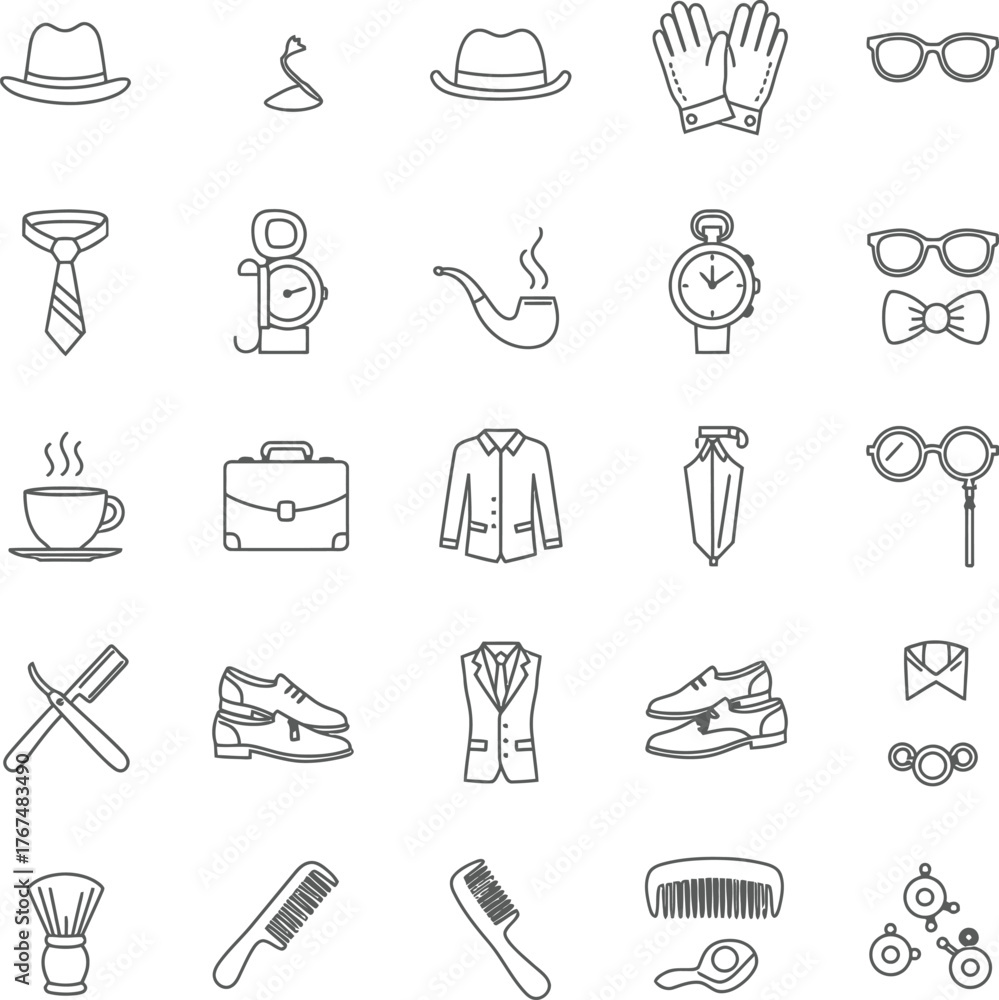 Fototapeta premium Collection of hand drawn gentleman accessories and clothing icons for vintage style