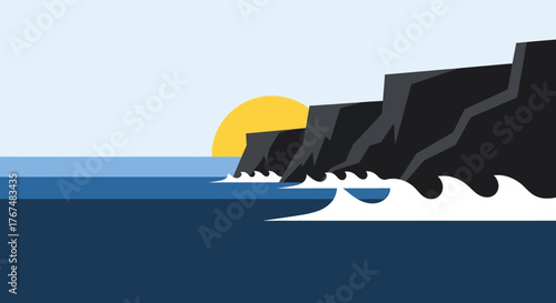 Coastal Cliffs at Sunset with Waves Crashing.