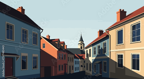 Charming European Street Scene with Historic Buildings and a Distant Church Tower.