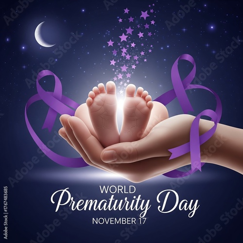 World prematurity day honoring tiny feet and purple ribbons