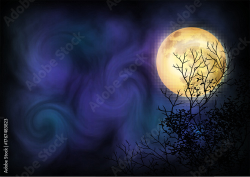 Full Moon in Dark Night Sky with Bare Trees and Mysterious Purple Mist