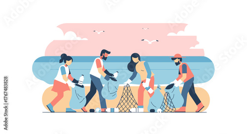 Community Volunteers Cleaning Beach Environment Together Illustration.