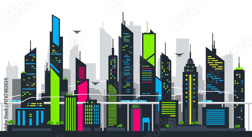 Colorful urban skyline featuring modern skyscrapers and architectural designs.