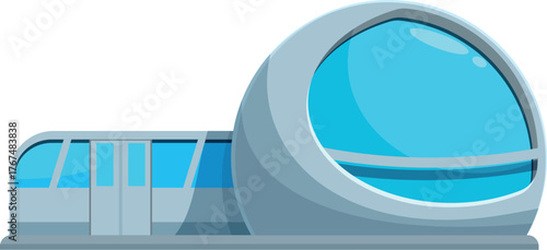 Futuristic monorail train is departing from a modern station featuring a large window dome, showcasing innovative public transport