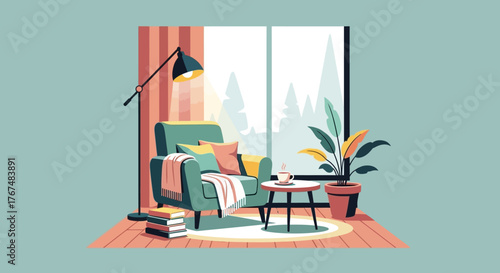 Cozy armchair with blanket and pillows by the window.