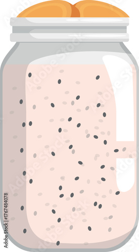 Glass jar containing chia seed pudding topped with dried apricots, promoting healthy eating habits and overall wellness