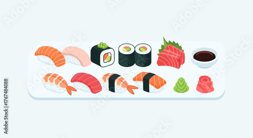Delicious sushi platter with various types of fresh seafood and ingredients.