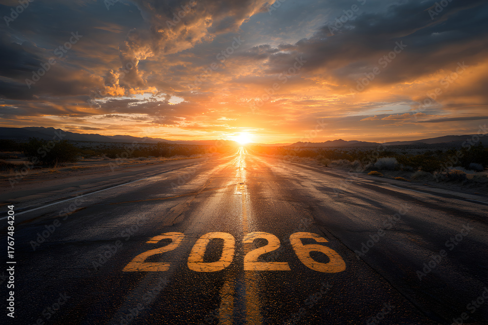 Naklejka premium The new year 2026 is painted on a wet asphalt road leading towards a dramatic sunset with a bright sunburst