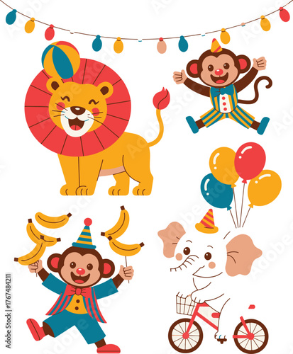 Whimsical circus animals sticker pack featuring lion monkey elephant with balloons and bananas for festive celebrations