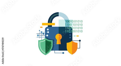 Digital Security with Padlock and Shields for Data Protection.
