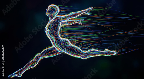 A human body made of glowing lines is jumping