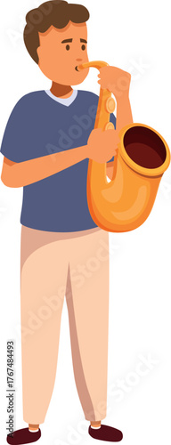 Young musician playing saxophone during jazz music performance, isolated illustration