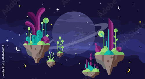 Floating islands with vibrant flora and fauna in a cosmic landscape.