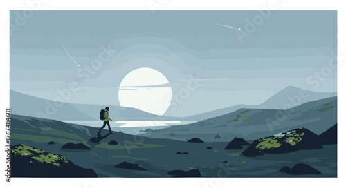 A lone explorer treks a minimalist mountain landscape beneath a vast sun and streaking comets, depicting a tranquil journey of discovery across wilderness