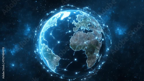 Digital Earth with Global Network Grid. Worldwide Connectivity, Communication, and Data Flow Concept.