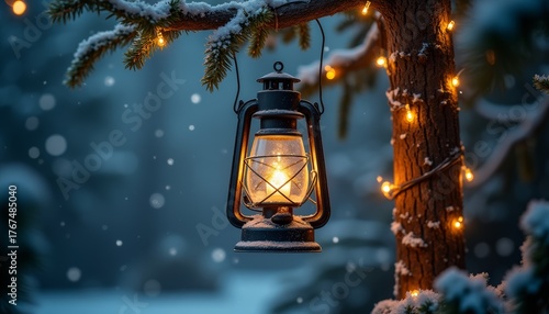 Rustic lantern glowing on snow-covered tree branch in winter forest. Warm light, falling snow, and fairy lights create a serene, festive mood. Perfect for Christmas, New Year, greeting cards, decor.