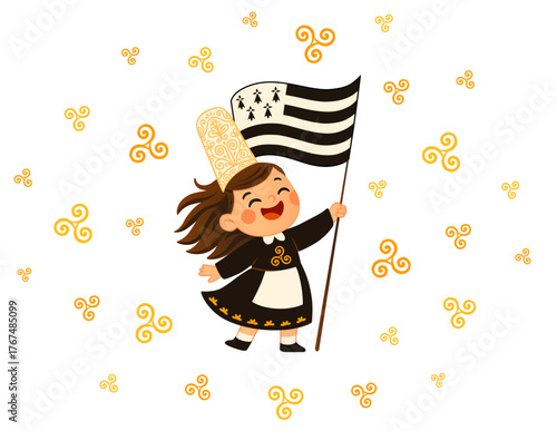 Vector Cute Breton Girl in Traditional Costume Holding Weaving Brittany Flag with Festive Triskelions on White Background