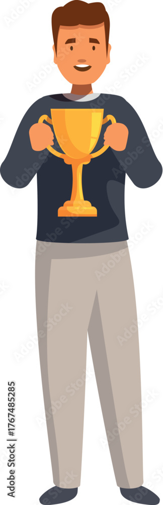 Fototapeta premium Smiling man celebrating victory and holding gold trophy cup after business competition
