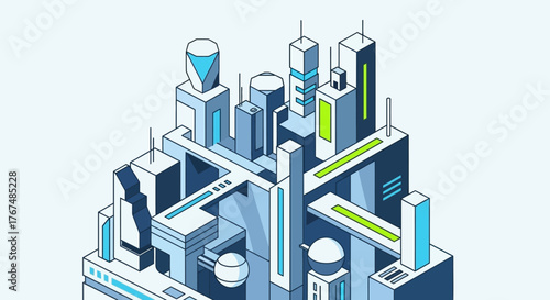 Isometric illustration of a futuristic city with modern skyscrapers and bridges.