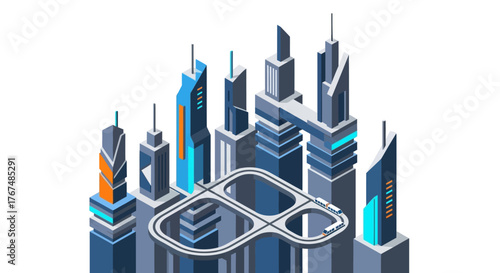 Isometric illustration of a futuristic city with modern skyscrapers and transport system.