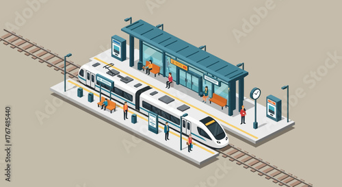 Isometric illustration of a modern high speed train at a station platform.