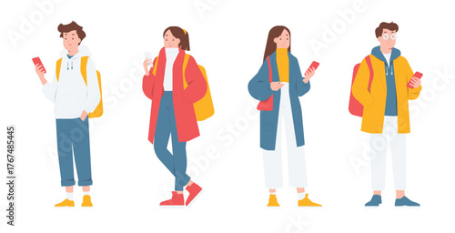 Student standing with smartphones, wearing casual clothing and backpacks, education, communication, and social media set concept illustration