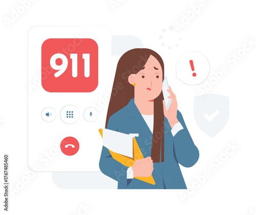 Emergency 911 phone call, panic worried businesswoman with safety awareness reporting concept illustration
