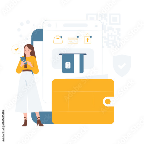 E wallet digital transaction with woman using smart phone for secure mobile payment online shopping concept illustration