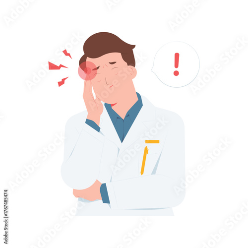 Doctor suffering headache migraine, touching head with painful expression, stress, fatigue, overwork, health issues concept illustration