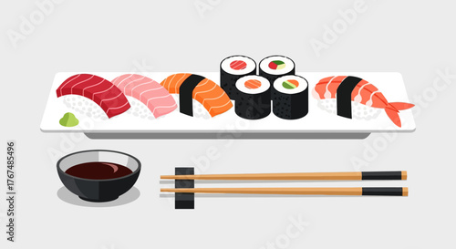 Japanese sushi set with nigiri maki rolls and chopsticks.