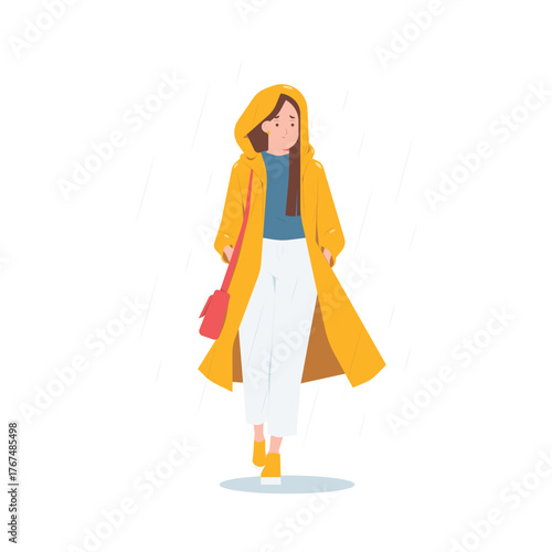 Thoughtful melancholy sad mood expression on rainy days, woman dressed in raincoat walking under rainfall concept illustration