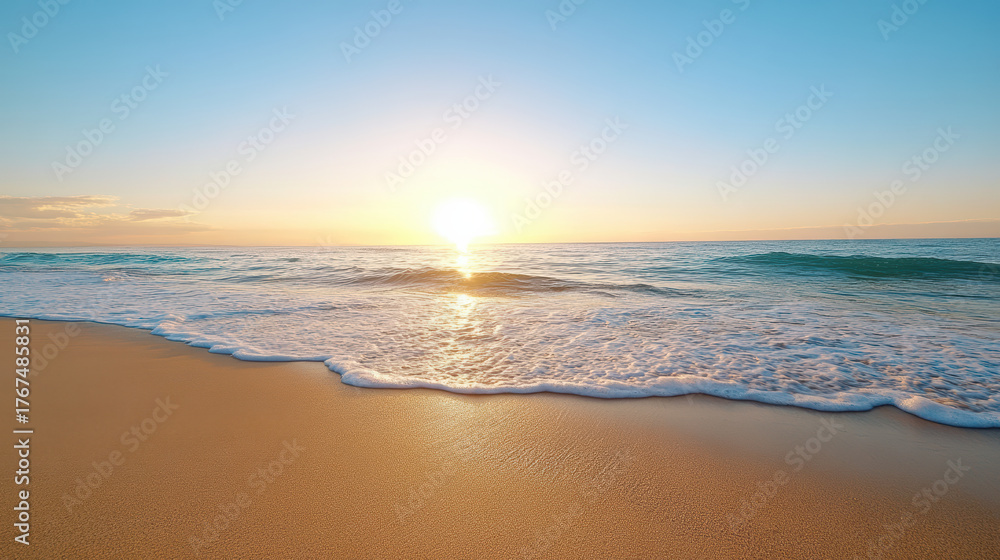 Obraz premium Serene beach scene with gentle waves lapping at shore under vibrant sunset