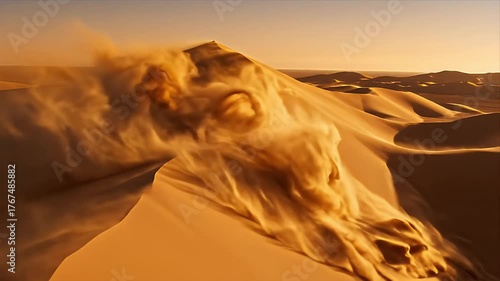 Wind-blown sand cascades down a golden desert dune at sunrise or sunset