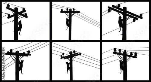 Cats climbing electric poles silhouette vector illustration, dangerous feline behavior concept, black and white comic panel design, safety awareness art