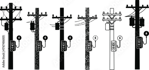 Electric utility pole and transformer vector illustration, black and white power line design, electricity distribution infrastructure, industrial energy connection