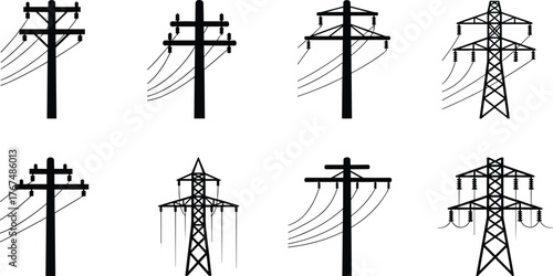 Electric power pole and transmission tower silhouette set, high voltage line vector illustration, industrial electricity infrastructure, black white design