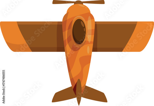 Orange and brown cartoon airplane flying, viewed from above, isolated on white background