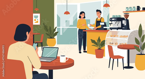 People working and ordering coffee in a modern cafe illustration.