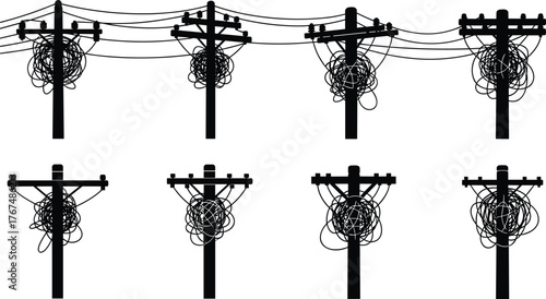Silhouette of electric power poles with tangled cables, messy electrical wires, utility poles illustration, energy distribution, infrastructure design, black and white vector art
