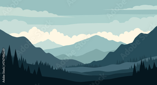 Serene mountain range landscape with a dense pine forest valley.