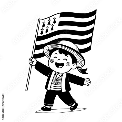 Hasnd drawn vector cute little Breton boy in traditional costume with flag of Brittany

