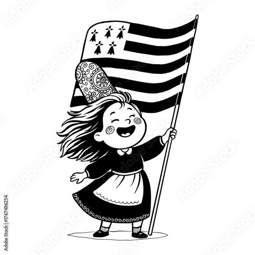 Hand drawn vector cute little Breton girl in traditional Bigouden costume with weaving flag of Brittany (France) 