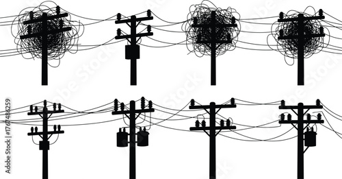 Silhouette of electric utility poles with messy tangled wires, power line infrastructure, electricity transmission chaos, urban energy distribution design