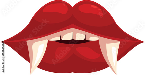 Red lips showing vampire fangs biting for halloween party